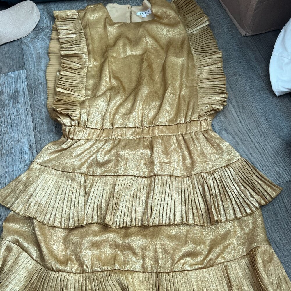 TCEC Metallic Gold Ruffled Mini Dress size‎ small - Picture 2 of 12